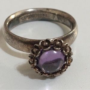 Vintage Antique 925 Solid Sterling Silver Purple Cat Eye Flowers Ring 6